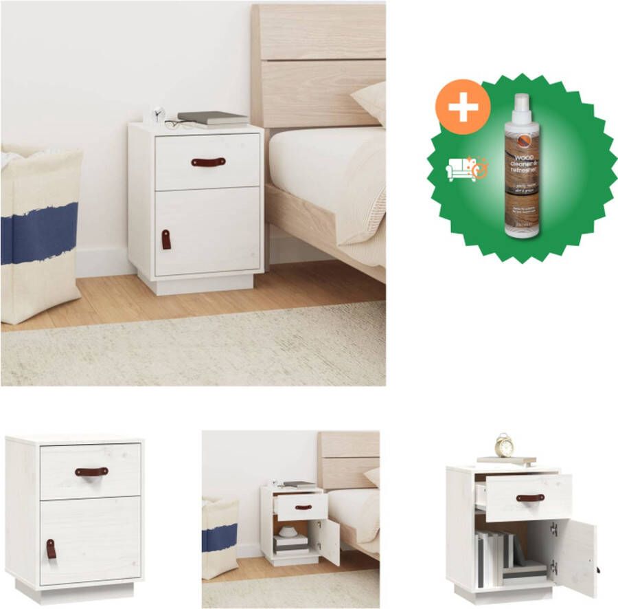VidaXL Houten Nachtkastje Massief Grenenhout Wit 40 x 34 x 55 cm Opbergruimte Kast Inclusief Houtreiniger en verfrisser
