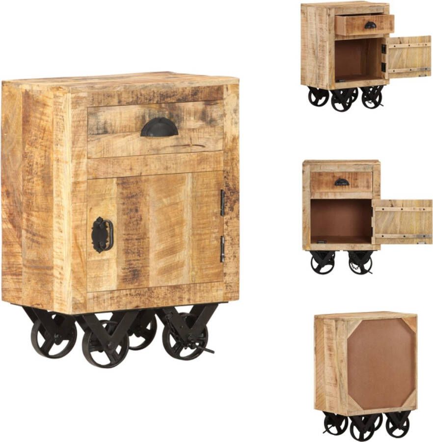 VidaXL Houten Nachtkastje Vintage Massief Mangohout 40x30x57cm 1 Lade 1 Deur 4 Wielen Kast