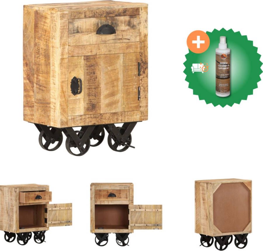 VidaXL Houten Nachtkastje Vintage Massief Mangohout 40x30x57cm 1 Lade 1 Deur 4 Wielen Kast Inclusief Houtreiniger en verfrisser