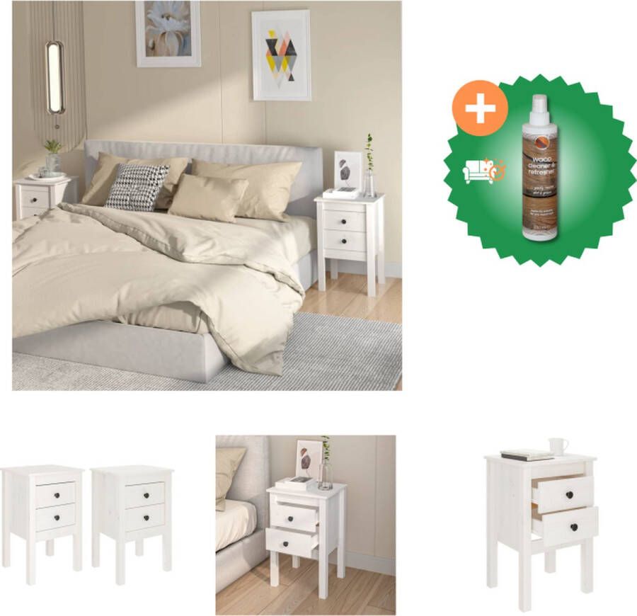 VidaXL Nachtkastjes Massief Grenenhout Wit 40 x 35 x 61.5 cm Set van 2 Kast Inclusief Houtreiniger en verfrisser