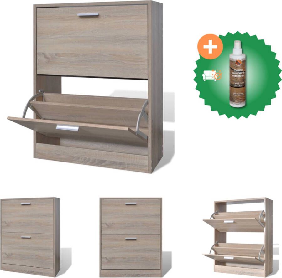 VidaXL Houten Schoenenkast 63.5 x 24 x 81 cm 2 Opbergvakken Eiken Georganiseerde Opbergoplossing Schoenenkast Inclusief Houtreiniger en verfrisser