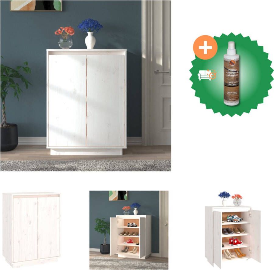 VidaXL Houten Schoenenkast Massief grenenhout 60 x 35 x 80 cm Wit Schoenenkast Inclusief Houtreiniger en verfrisser