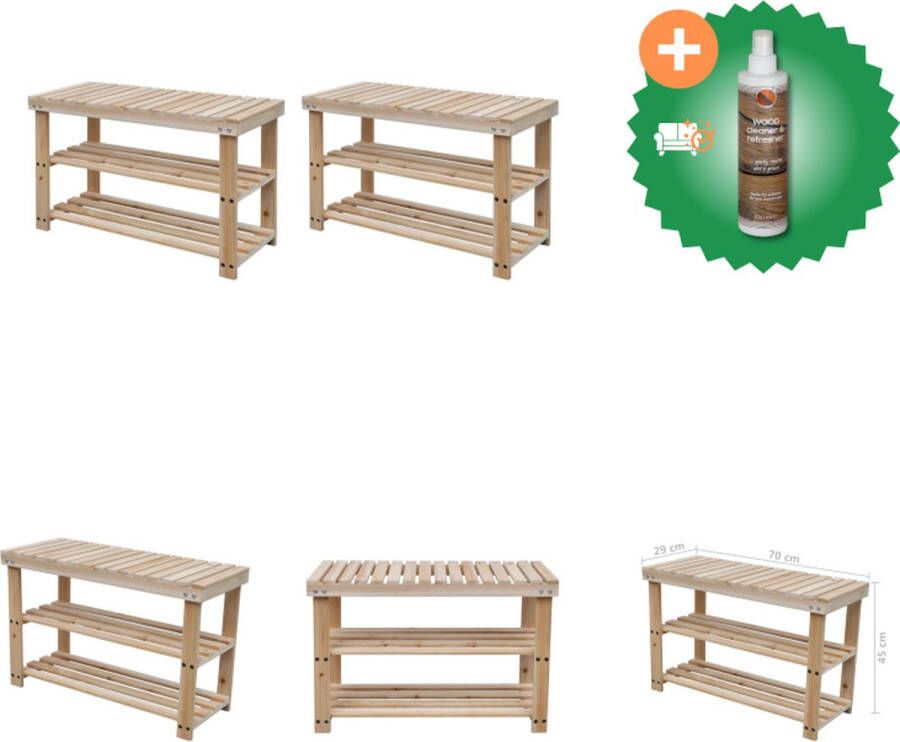 VidaXL Houten Schoenenrek 70 x 29 x 45 cm 2 Opberglagen Schoenenkast Inclusief Houtreiniger en verfrisser
