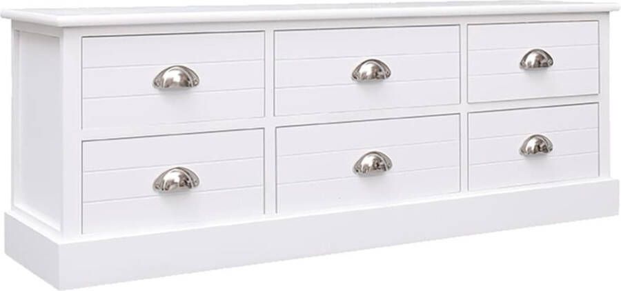 VidaXL Houten Televisiemeubel Massief Paulowniahout TV-kast met 6 lades Wit 108 x 30 x 40 cm Kast