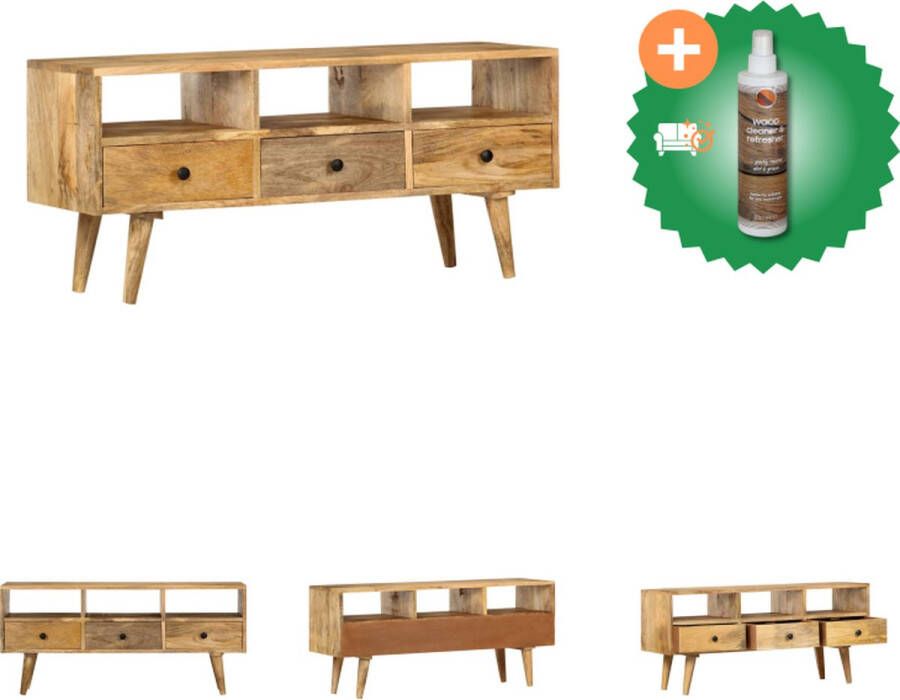 VidaXL Industrieel TV-meubel 110 x 36 x 50 cm Massief mangohout 3 lades 3 open vakken Kast Inclusief Houtreiniger en verfrisser