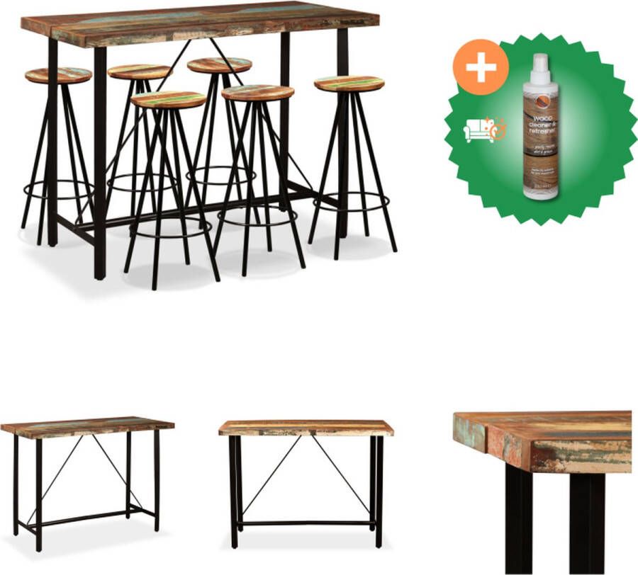 VidaXL Industriële bartafel en 6 barkrukken 150x70x107 cm massief gerecycled hout en staal Set tafel en stoelen Inclusief Houtreiniger en verfrisser