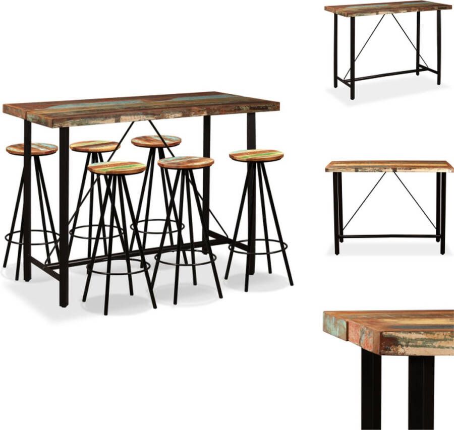 VidaXL Industriële bartafel en 6 barkrukken 150x70x107 cm massief gerecycled hout en staal Set tafel en stoelen