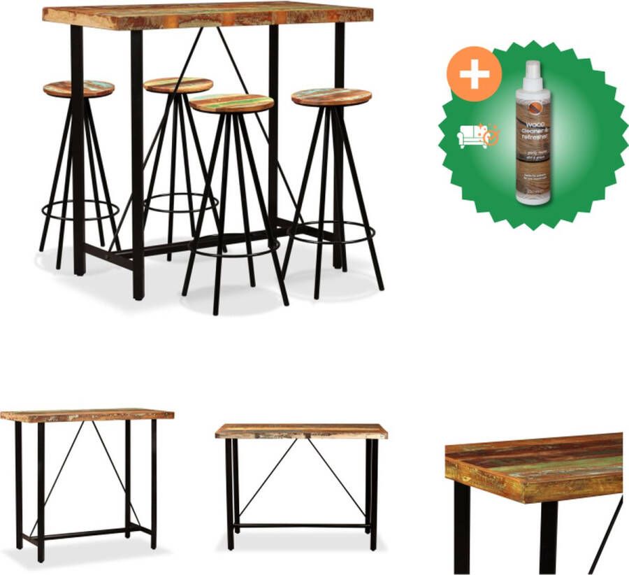 VidaXL Industriële Bartafel en Barkrukken Massief Gerecycled Hout Staal 120x60x107cm Uniek Set tafel en stoelen Inclusief Houtreiniger en verfrisser