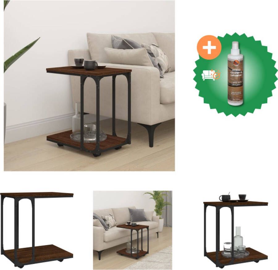 VidaXL Industriële Bijzettafel 50x35x55.5 cm Stevig Hout en Staal C-vormig Ontwerp Opbergfunctie Draaibare Wielen Bruineiken Tafel Inclusief Houtreiniger en verfrisser