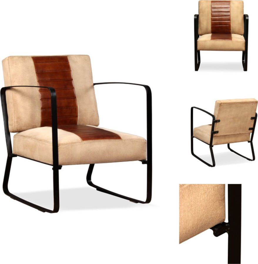 VidaXL Industriële Loungestoel Bruin Crème 60 x 64 x 74 cm Geitenleer Canvas Staal Fauteuil - Foto 2