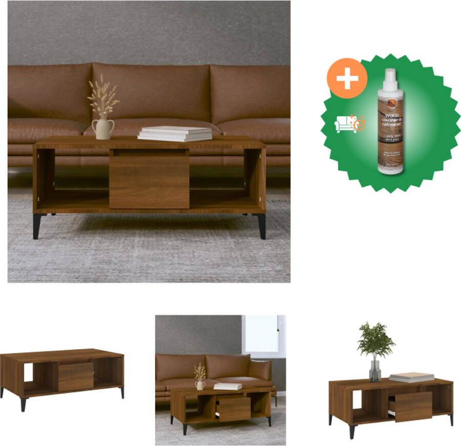 VidaXL Industriële Salontafel Bijzettafel met Lade en 2 Open Vakken Stevig Tafelblad Metalen Voeten Bruineiken 90x50x36.5cm Tafel Inclusief Houtreiniger en verfrisser