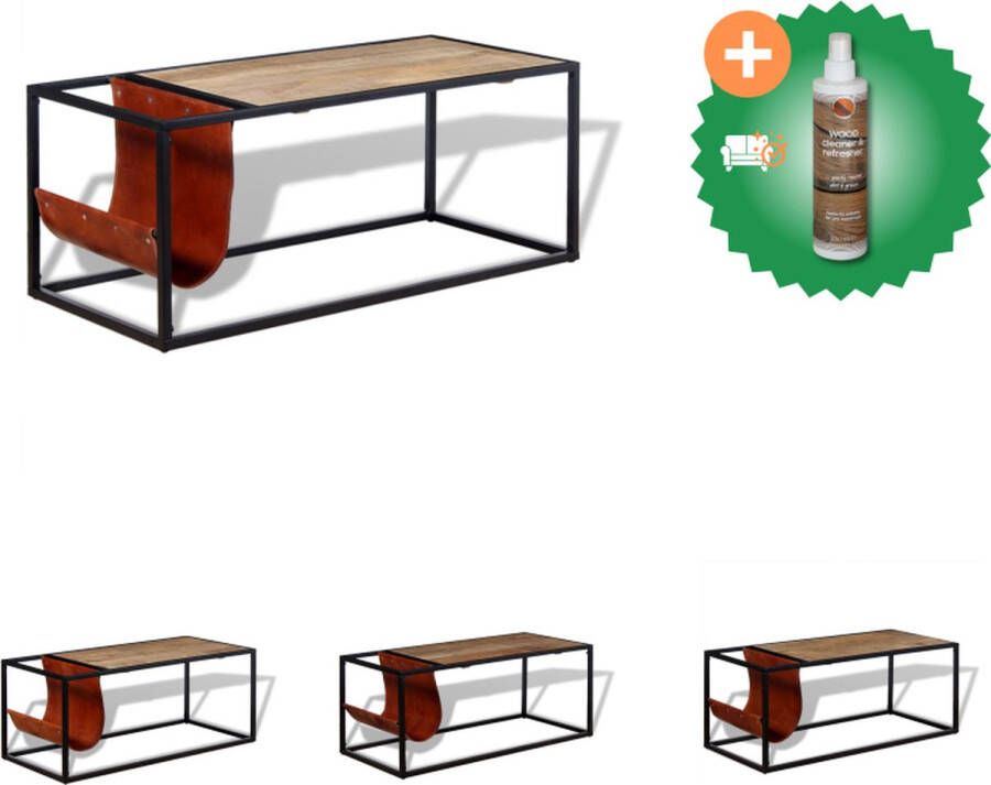 VidaXL Industriële Salontafel Massief Mangohout 110 x 50 x 45 cm Geitenleren Tijdschriftenhouder Tafel Inclusief Houtreiniger en verfrisser