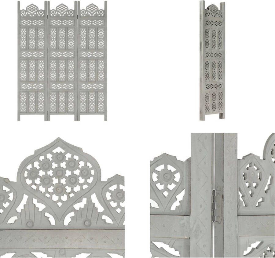 VidaXL Kamerscherm 3 panelen handgesneden 120x165 cm mangohout grijs Kamerscherm Kamerschermen Kamerverdeler Kamerverdelers - Foto 2