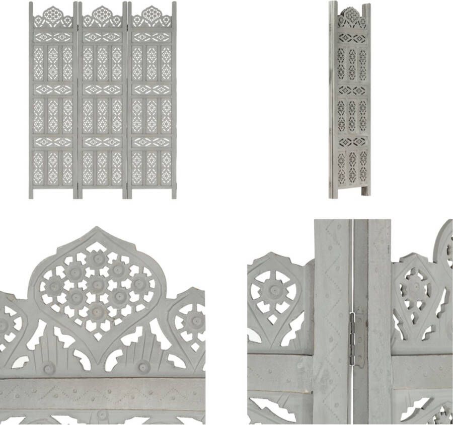 VidaXL Kamerscherm 3 panelen handgesneden 120x165 cm mangohout grijs Kamerscherm Kamerschermen Kamerverdeler Kamerverdelers