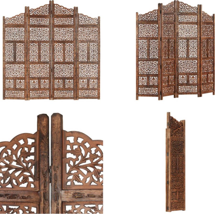 VidaXL Kamerscherm 4 panelen handgesneden 160x165 cm mangohout bruin Kamerscherm Kamerschermen Kamerverdeler Kamerverdelers