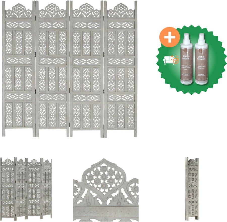 VidaXL Kamerscherm 4 panelen handgesneden 160x165 cm mangohout grijs Kamerscherm Inclusief Onderhoudsset