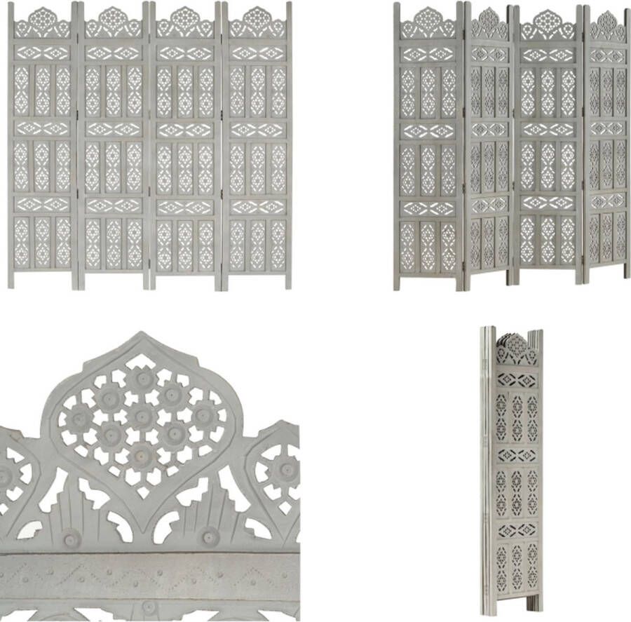 VidaXL Kamerscherm 4 panelen handgesneden 160x165 cm mangohout grijs Kamerscherm Kamerschermen Kamerverdeler Kamerverdelers