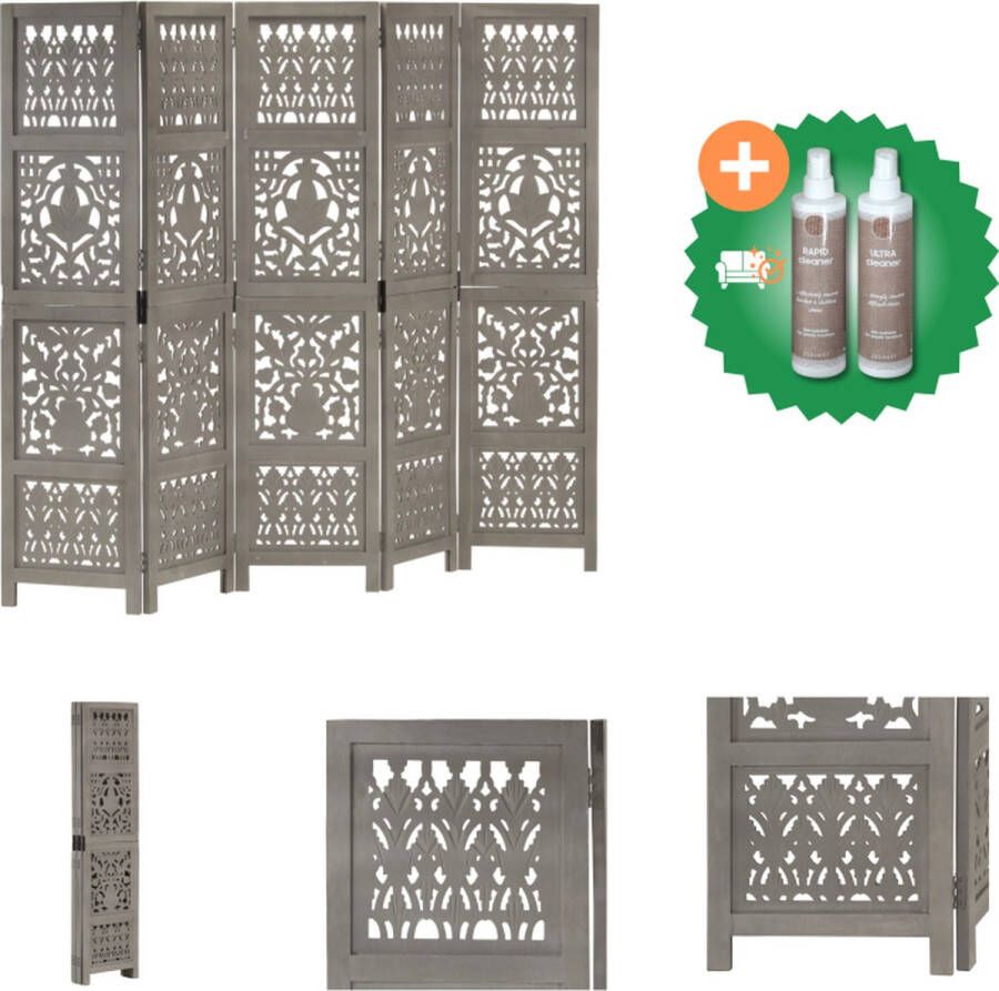 VidaXL Kamerscherm 5 panelen handgesneden 200x165 cm mangohout grijs Kamerscherm Inclusief Onderhoudsset