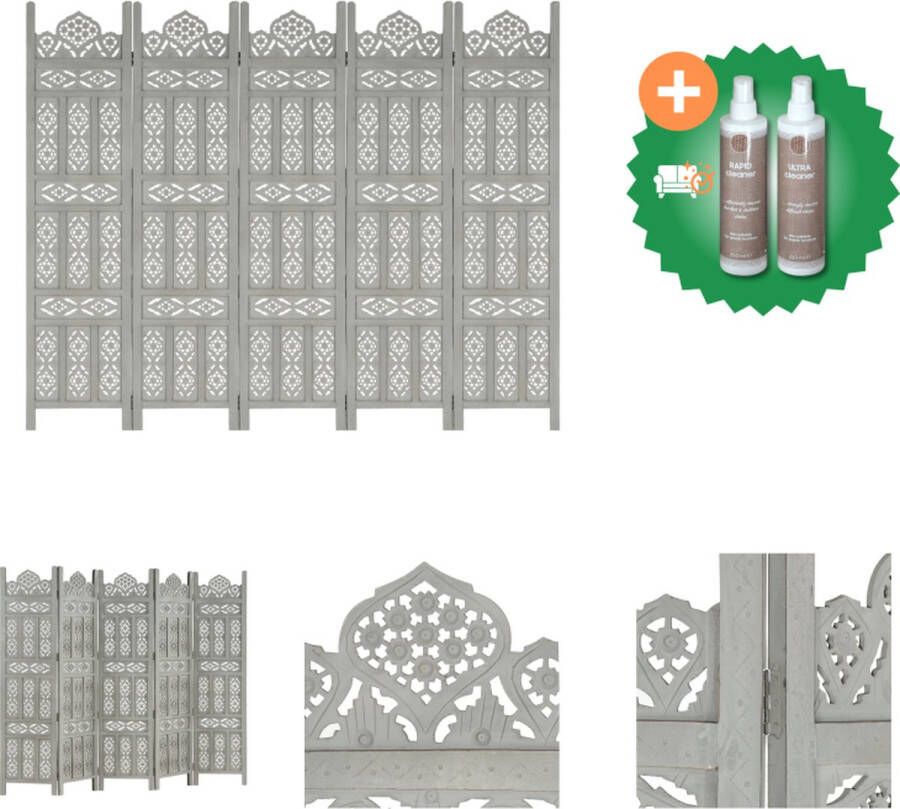 VidaXL Kamerscherm 5 panelen handgesneden 200x165 cm mangohout grijs Kamerscherm Inclusief Onderhoudsset