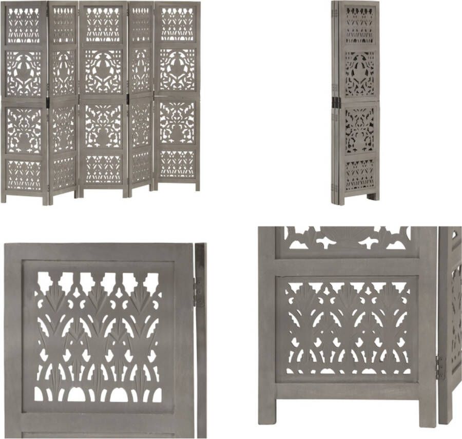 VidaXL Kamerscherm 5 panelen handgesneden 200x165 cm mangohout grijs Kamerscherm Kamerschermen Kamerverdeler Kamerverdelers