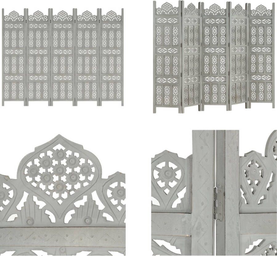 VidaXL Kamerscherm 5 panelen handgesneden 200x165 cm mangohout grijs Kamerscherm Kamerschermen Kamerverdeler Kamerverdelers - Foto 2