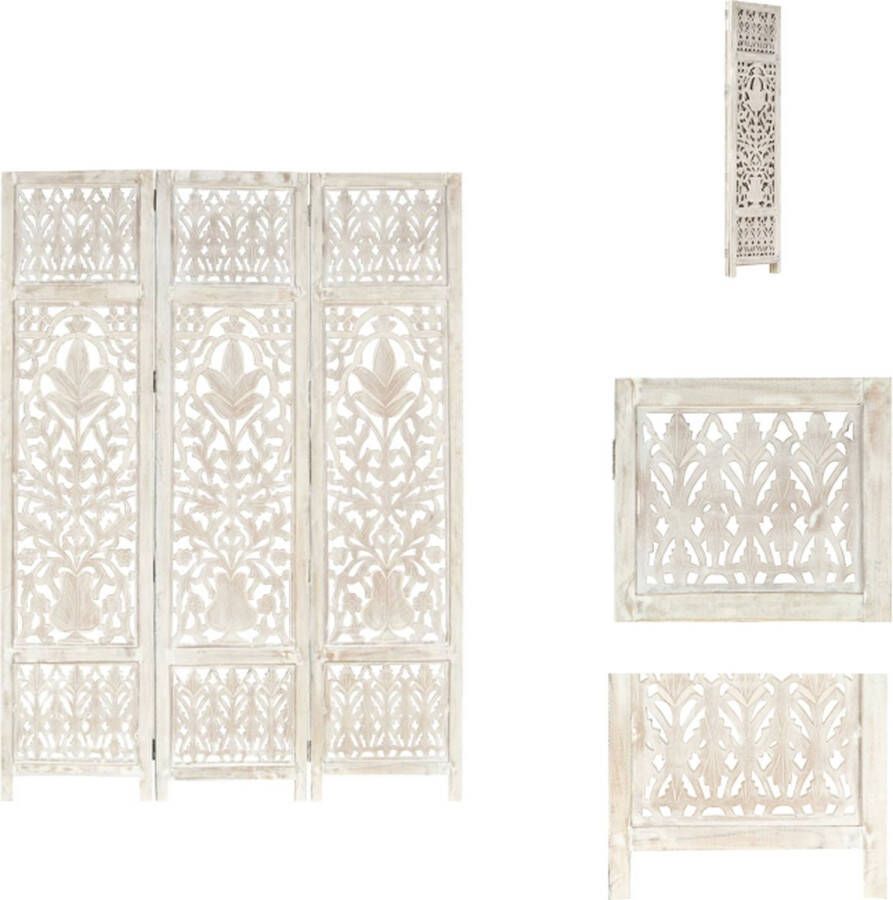 VidaXL Kamerscherm Kamerschermen Kamerverdeler Kamerverdelers Kamerscherm met 3 panelen handgesneden 120x165 cm mangohout wit - Foto 6