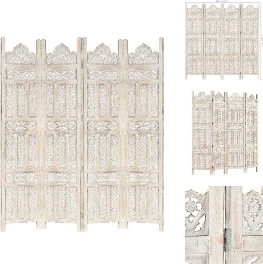 VidaXL Kamerscherm Kamerschermen Kamerverdeler Kamerverdelers Kamerscherm met 4 panelen handgesneden 160x165 cm mangohout wit - Foto 4