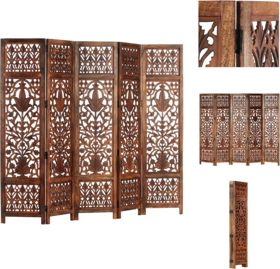 VidaXL Kamerscherm Kamerschermen Kamerverdeler Kamerverdelers Kamerscherm 5 panelen handgesneden 200x165 cm mangohout bruin - Foto 3
