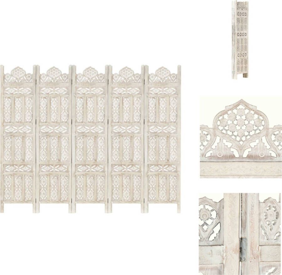 VidaXL Kamerscherm Kamerschermen Kamerverdeler Kamerverdelers Kamerscherm met 5 panelen handgesneden 200x165 cm mangohout wit - Foto 2