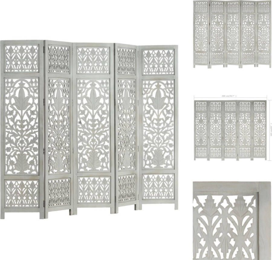 VidaXL Kamerscherm Kamerschermen Kamerverdeler Kamerverdelers Kamerscherm 5 panelen handgesneden 200x165 cm mangohout grijs - Foto 4