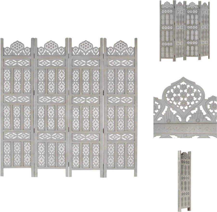 VidaXL Kamerscherm Kamerschermen Kamerverdeler Kamerverdelers Kamerscherm 4 panelen handgesneden 160x165 cm mangohout grijs - Foto 2