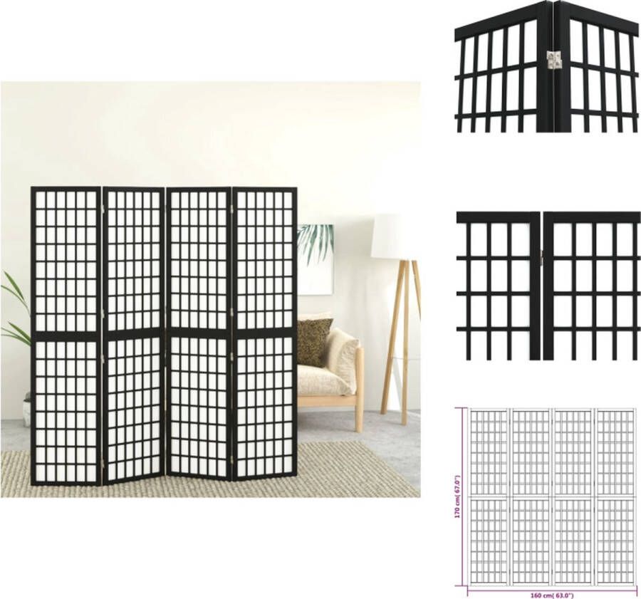 VidaXL Kamerscherm Kamerschermen Privacyscherm Ruimteverdelingsscherm Kamerscherm inklapbaar 4 panelen Japanse stijl 160x170 cm zwart