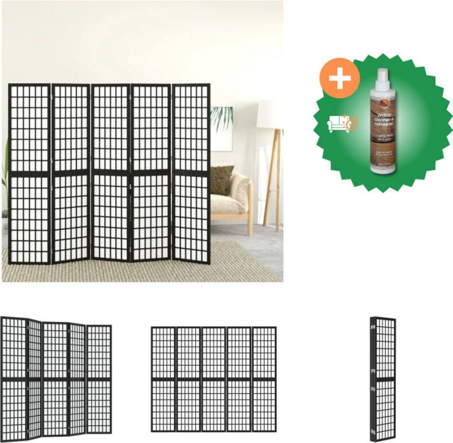 VidaXL Kamerscherm Japanse Stijl 200x170 cm Inklapbaar Massief Vurenhout Rijstpapier Zwart Kamerscherm Inclusief Houtreiniger en verfrisser