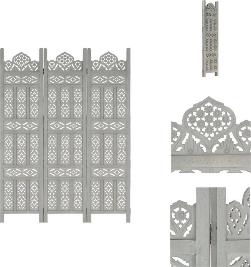 VidaXL Kamerscherm Kamerschermen Kamerverdeler Kamerverdelers Kamerscherm 3 panelen handgesneden 120x165 cm mangohout grijs - Foto 3