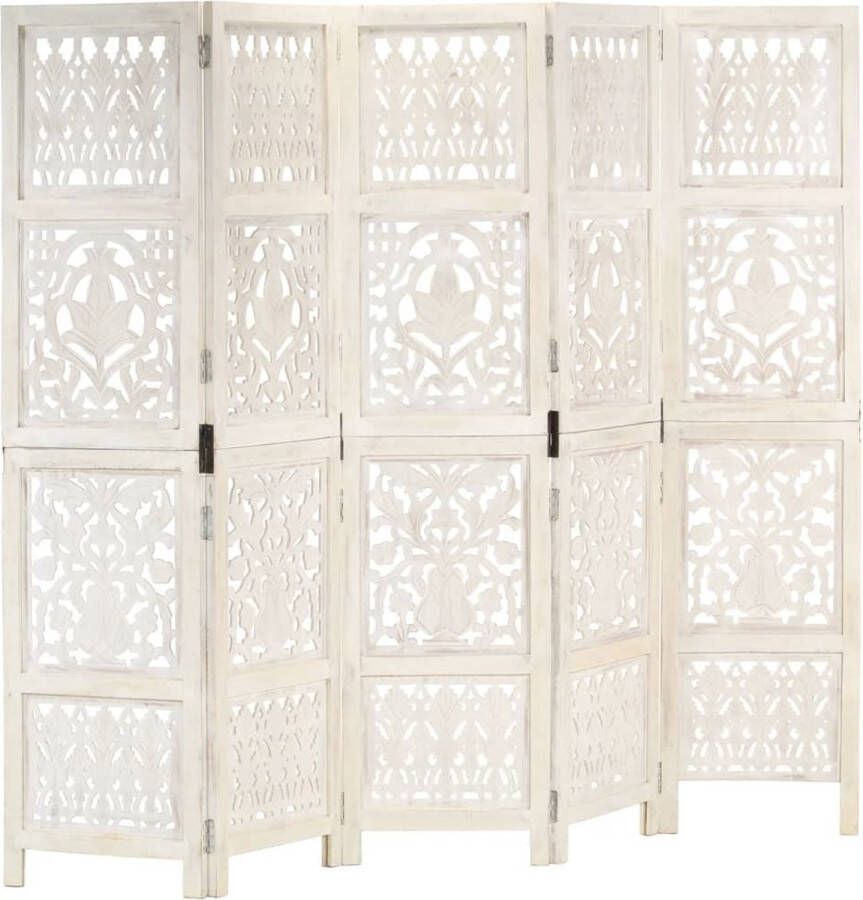 Vida XL vidaXL Kamerscherm met 5 panelen handgesneden 200x165 cm mangohout wit-VXL-285331