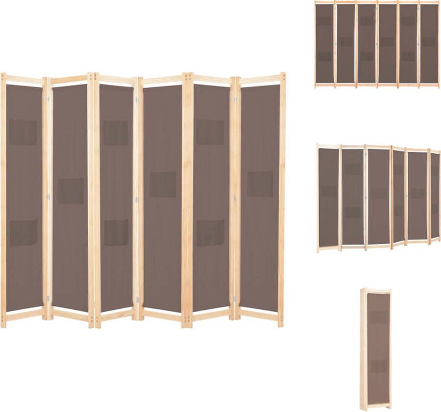 VidaXL Kamerverdeler Panelen 240 x 170 x 4 cm Met 6 panelen Bruin Stof en massief vurenhouten frame Kamerscherm