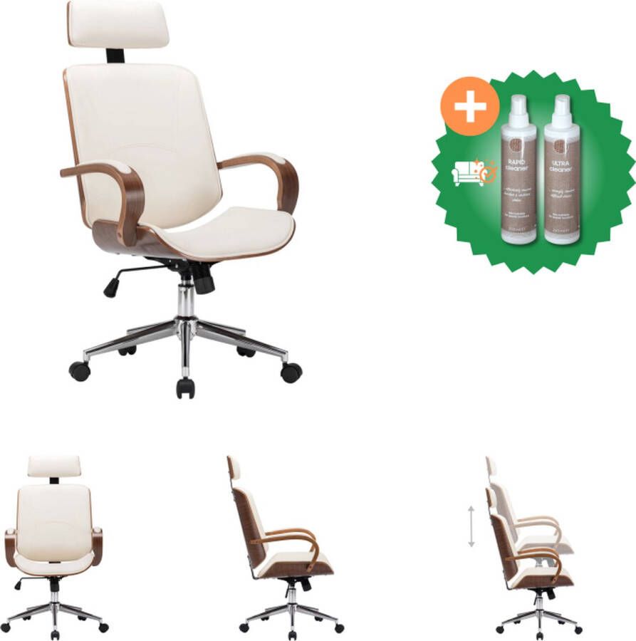 VidaXL Kantoorstoel draaibaar met hoofdsteun kunstleer en hout crème Bureaustoel Inclusief Onderhoudsset