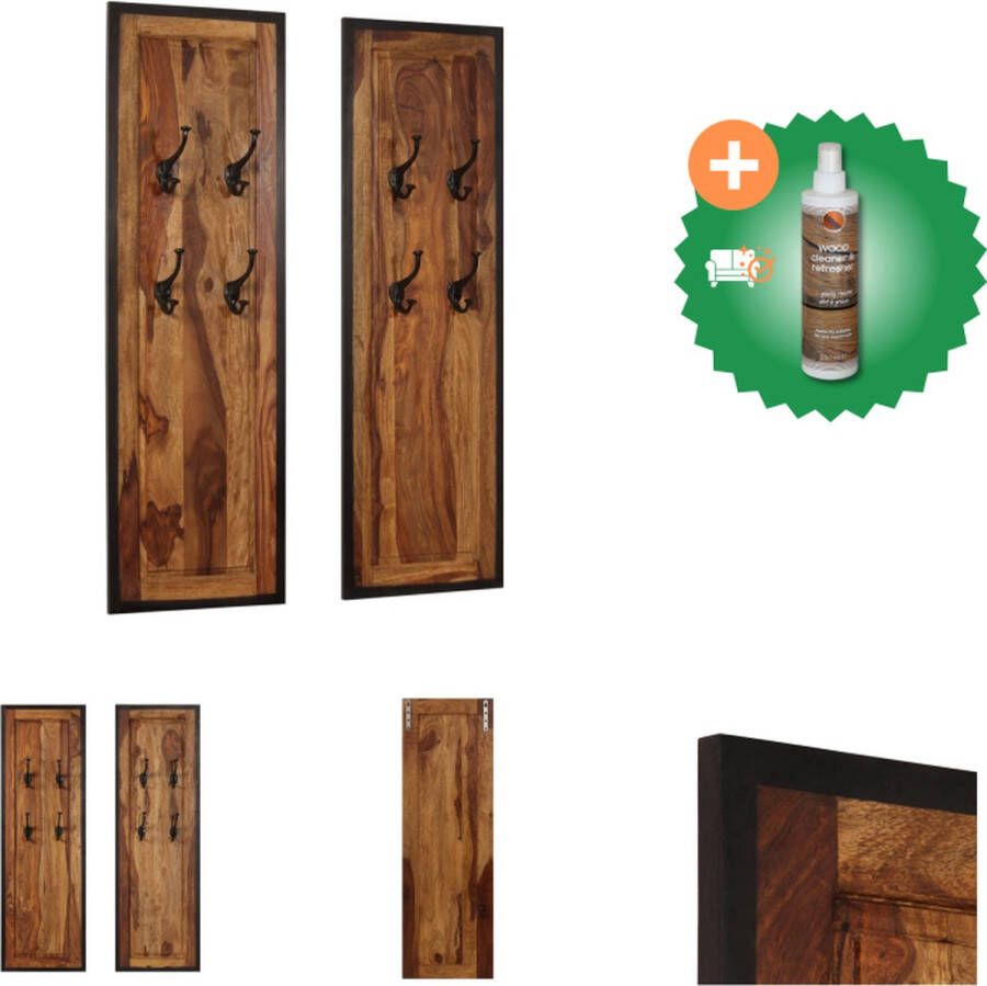 VidaXL Kapstok Retro Sheeshamhout 35 x 110 cm Massief Houten Kapstok met 4 Haken (Set van 2) Kapstok Inclusief Houtreiniger en verfrisser