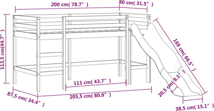 Vida XL Kinderhoogslaper met toren 80x200 cm grenenhout wit en zwart SKU: V3207066 - Foto 3