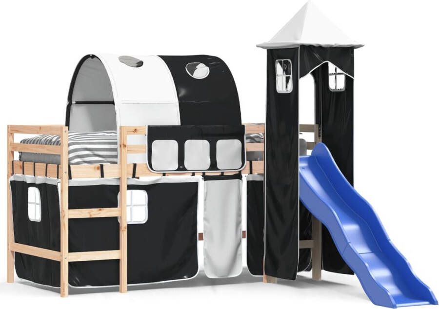 Vida XL Kinderhoogslaper met toren 80x200 cm grenenhout wit en zwart SKU: V3207090 - Foto 3