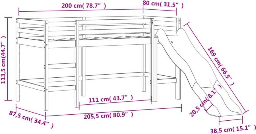 Vida XL Kinderhoogslaper met toren 80x200 cm grenenhout wit en zwart SKU: V3207093 - Foto 3