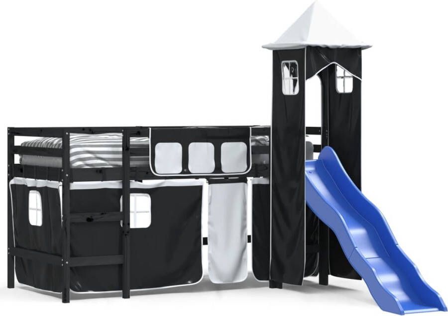 Vida XL Kinderhoogslaper met toren 80x200 cm grenenhout wit en zwart SKU: V3207069 - Foto 2