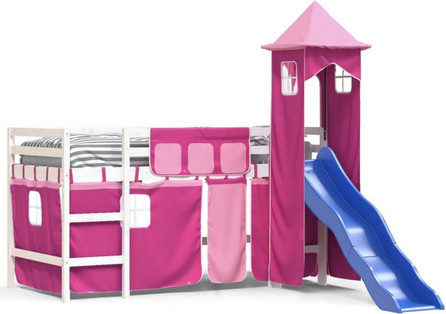 Vida XL Kinderhoogslaper met toren 80x200 cm massief grenenhout roze SKU: V3207068 - Foto 2