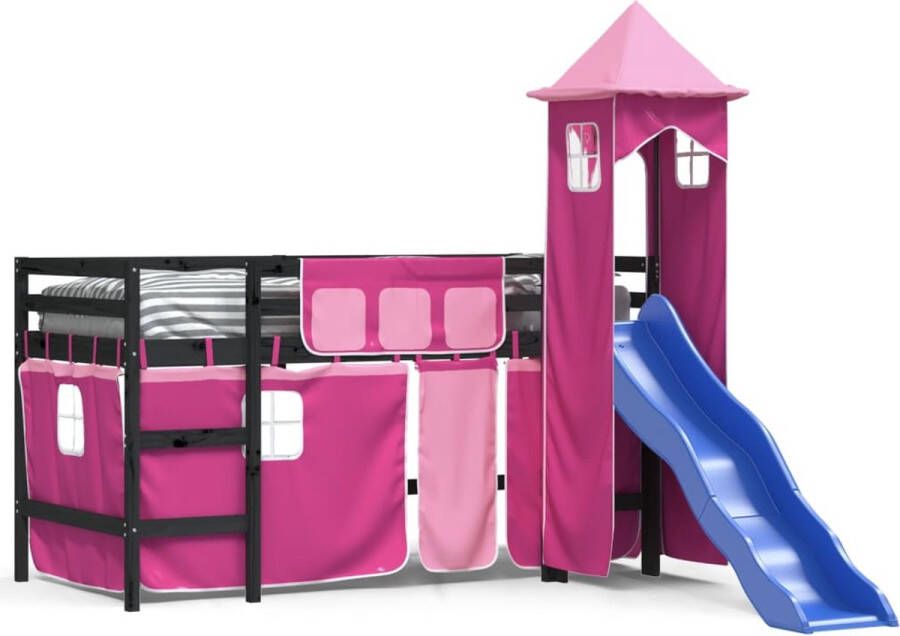 Vida XL Kinderhoogslaper met toren 80x200 cm massief grenenhout roze SKU: V3207071 - Foto 2