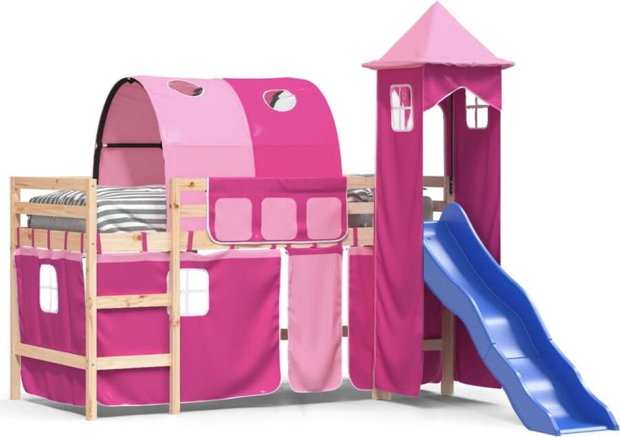 Vida XL Kinderhoogslaper met toren 80x200 cm massief grenenhout roze SKU: V3207092 - Foto 2