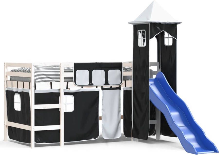 Vida XL Kinderhoogslaper met toren 90x190 cm grenenhout wit en zwart SKU: V3207084 - Foto 2