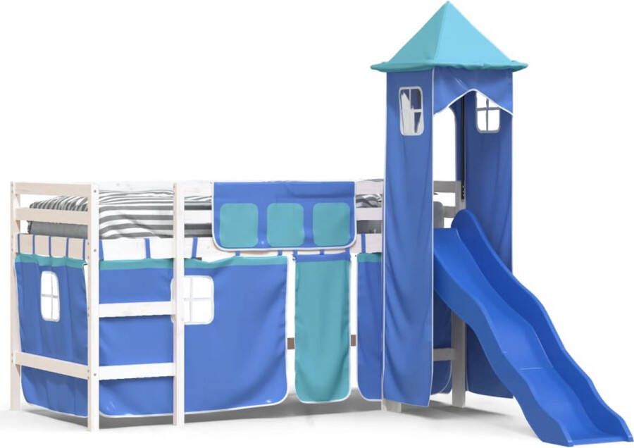 Vida XL Kinderhoogslaper met toren 90x190 cm massief grenenhout blauw SKU: V3207085 - Foto 2