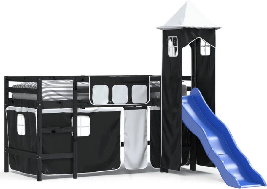 Vida XL Kinderhoogslaper met toren 90x200 cm grenenhout wit en zwart SKU: V3207078 - Foto 2