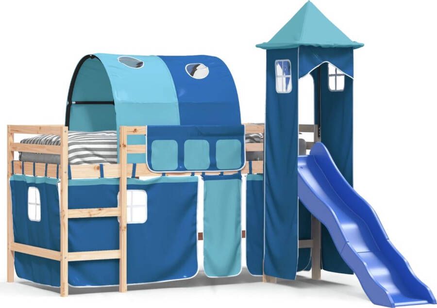 Vida XL Kinderhoogslaper met toren 90x200 cm massief grenenhout blauw SKU: V3207100 - Foto 2
