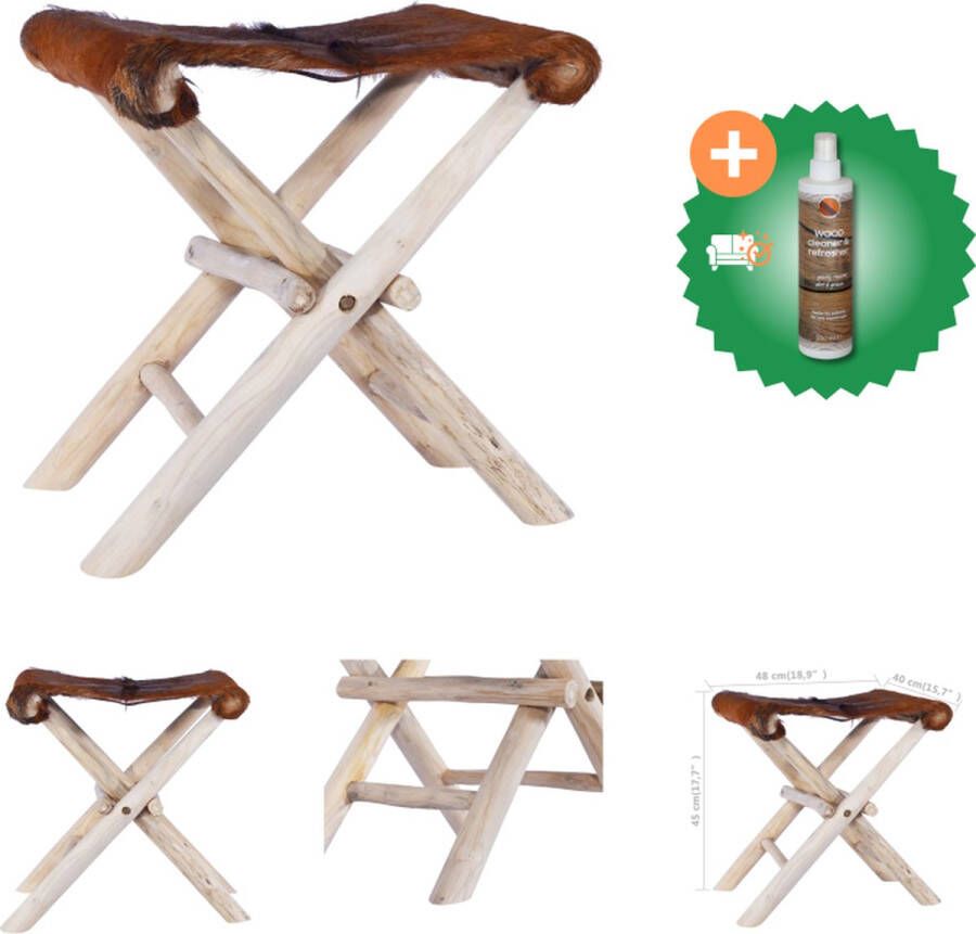 VidaXL klapkrukje echt geitenleer inklapbaar 48x40x45 cm teakhout Krukje Inclusief Houtreiniger en verfrisser